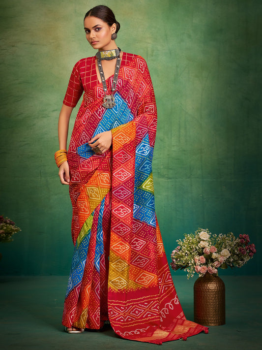 Multicolor Multicolored Bandhani Tussar Silk Printed Saree