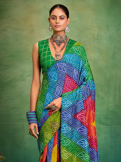 Multicolor Multicolored Bandhani Tussar Silk Printed Saree