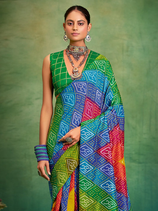 Multicolor Multicolored Bandhani Tussar Silk Printed Saree