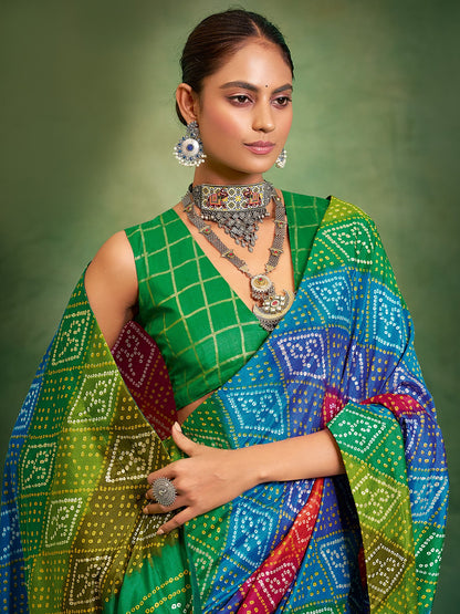 Multicolored Bandhani Tussar Silk Printed Saree