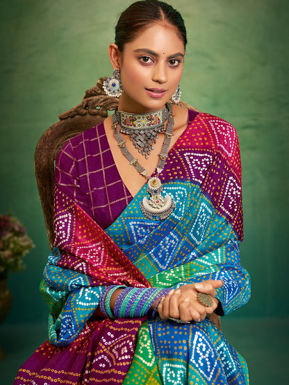 Multicolor Multicolored Bandhani Tussar Silk Printed Saree