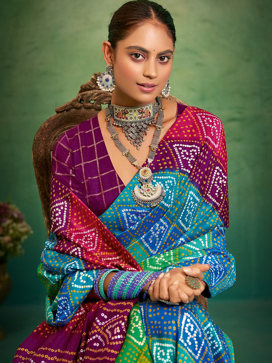 Multicolor Multicolored Bandhani Tussar Silk Printed Saree