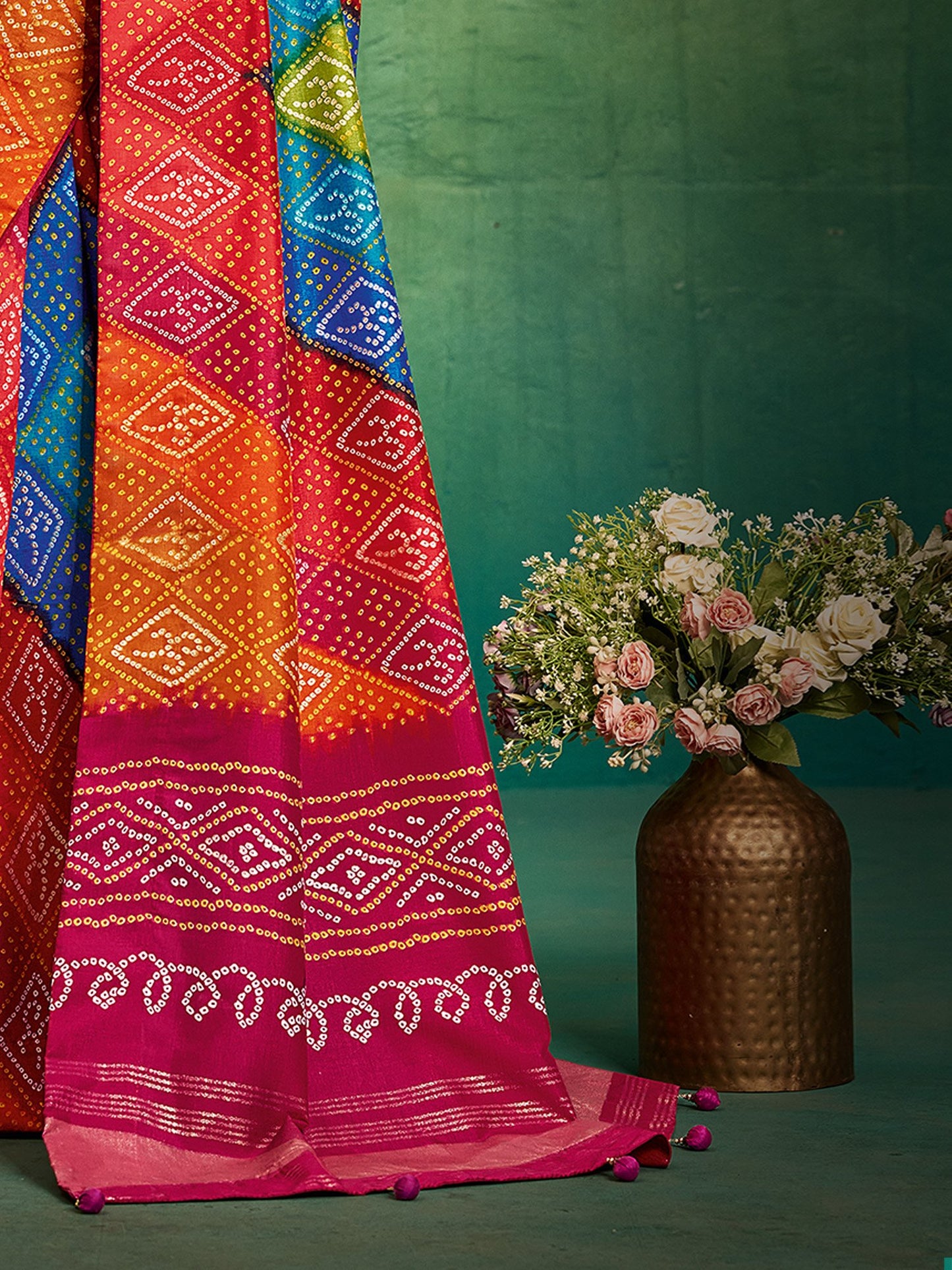 Multicolored Bandhani Tussar Silk Printed Saree
