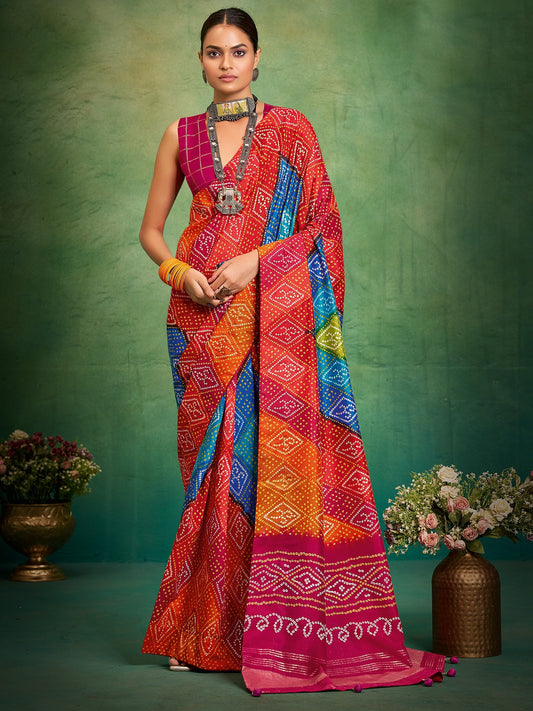 Multicolor Multicolored Bandhani Tussar Silk Printed Saree