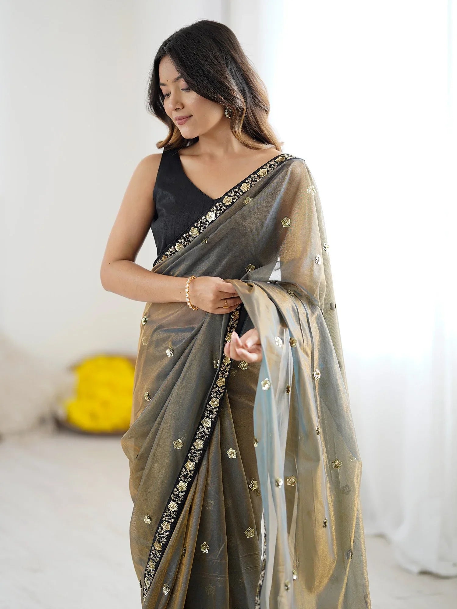 Olive Party Wear Net Embellished Saree