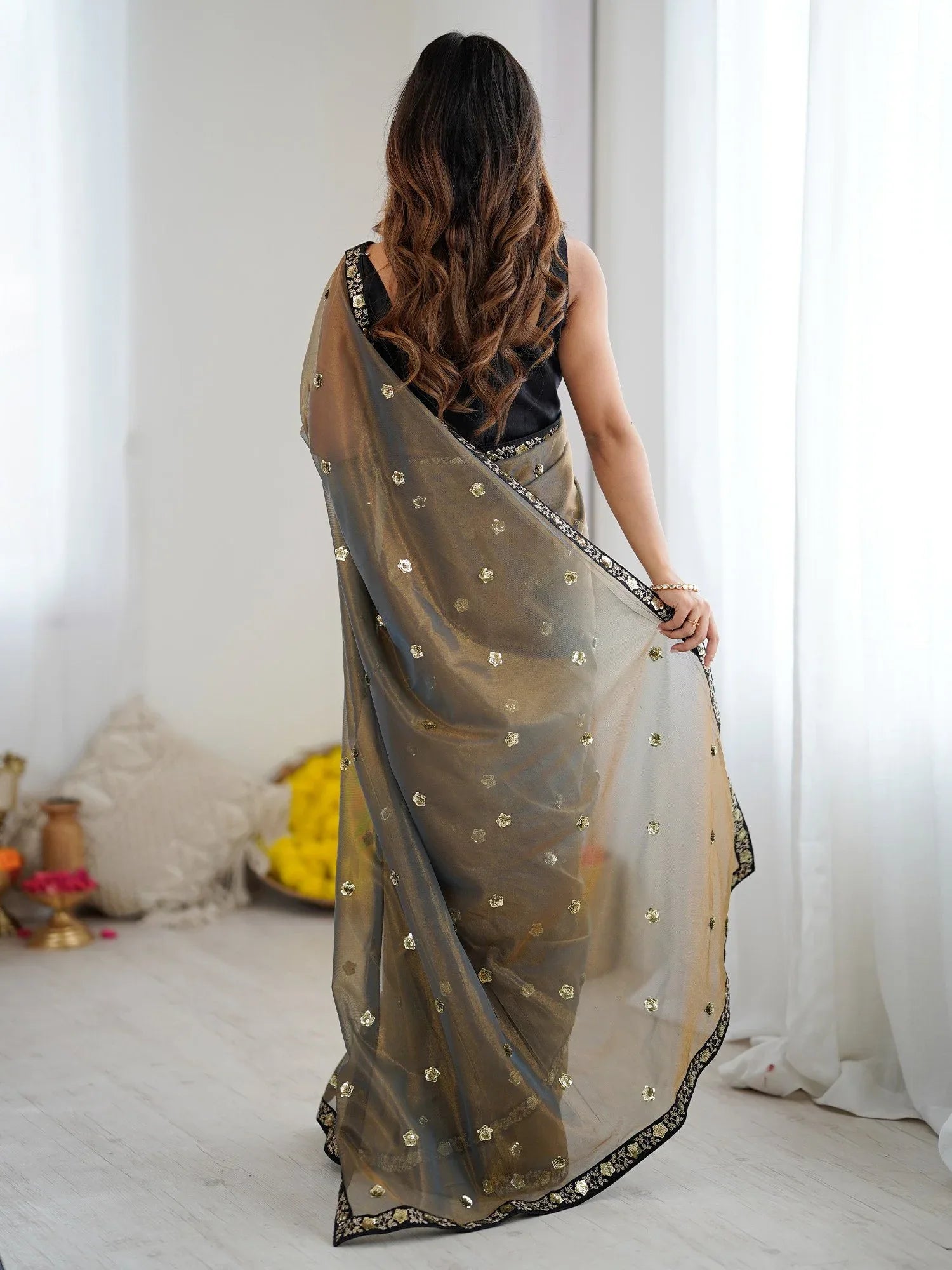 Olive Party Wear Net Embellished Saree