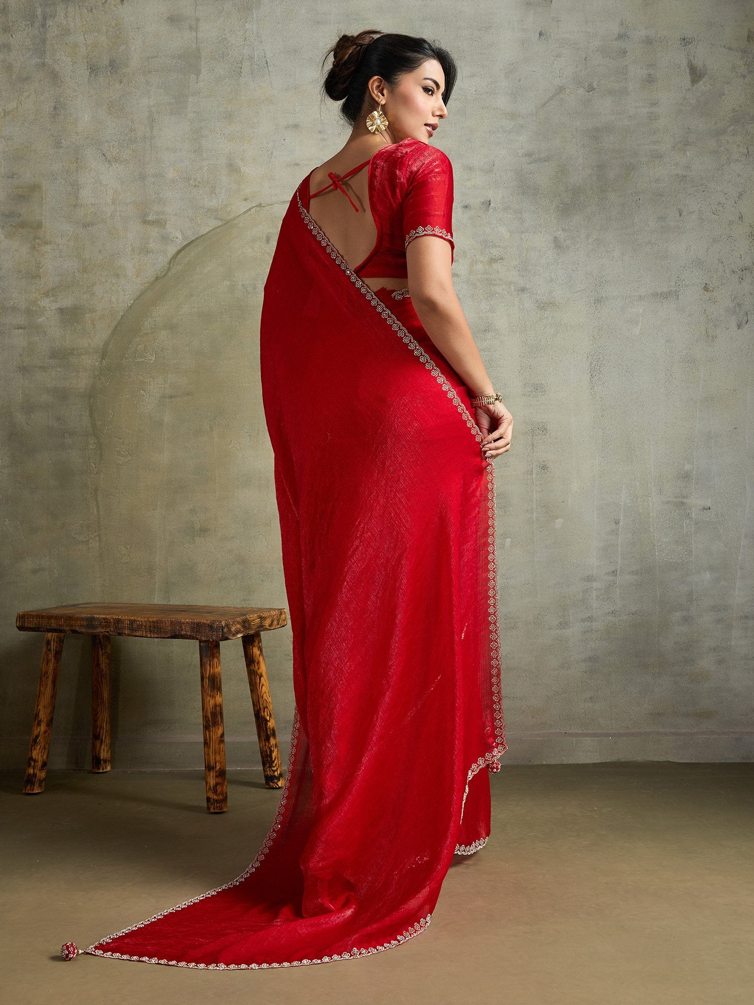 Red Party Wear Chiffon Embellished Saree