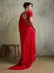 Red Party Wear Chiffon Embellished Saree