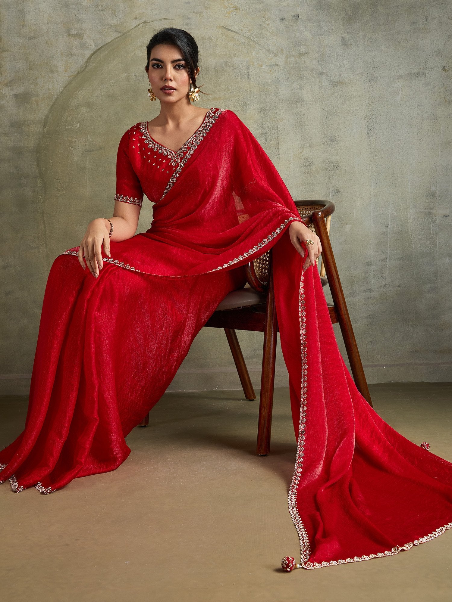 Red Party Wear Chiffon Embellished Saree