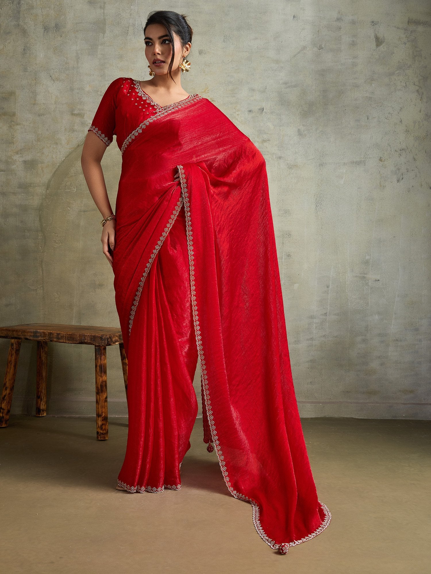 Red Red Party Wear Chiffon Embellished Saree