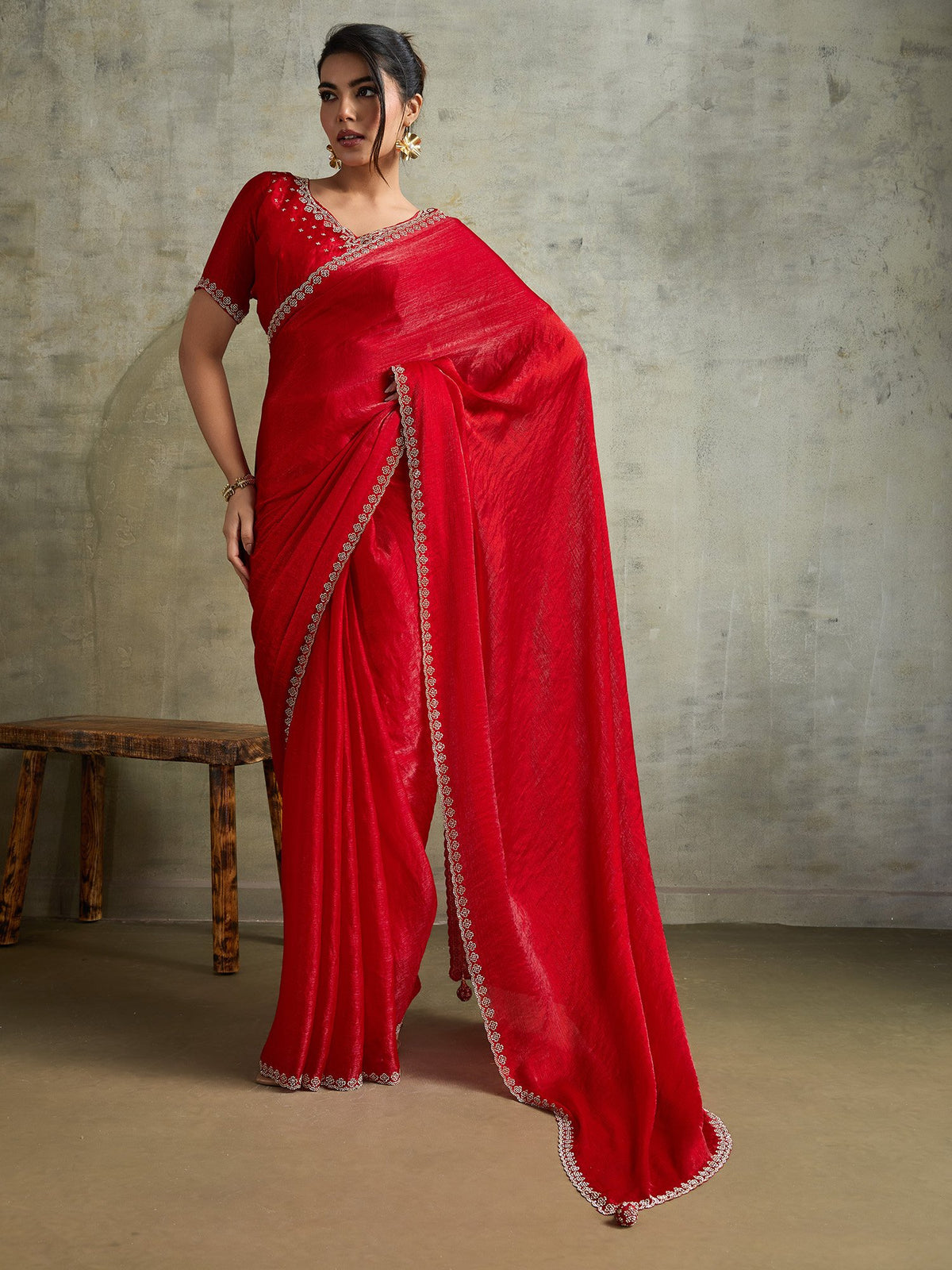 Red Red Party Wear Chiffon Embellished Saree