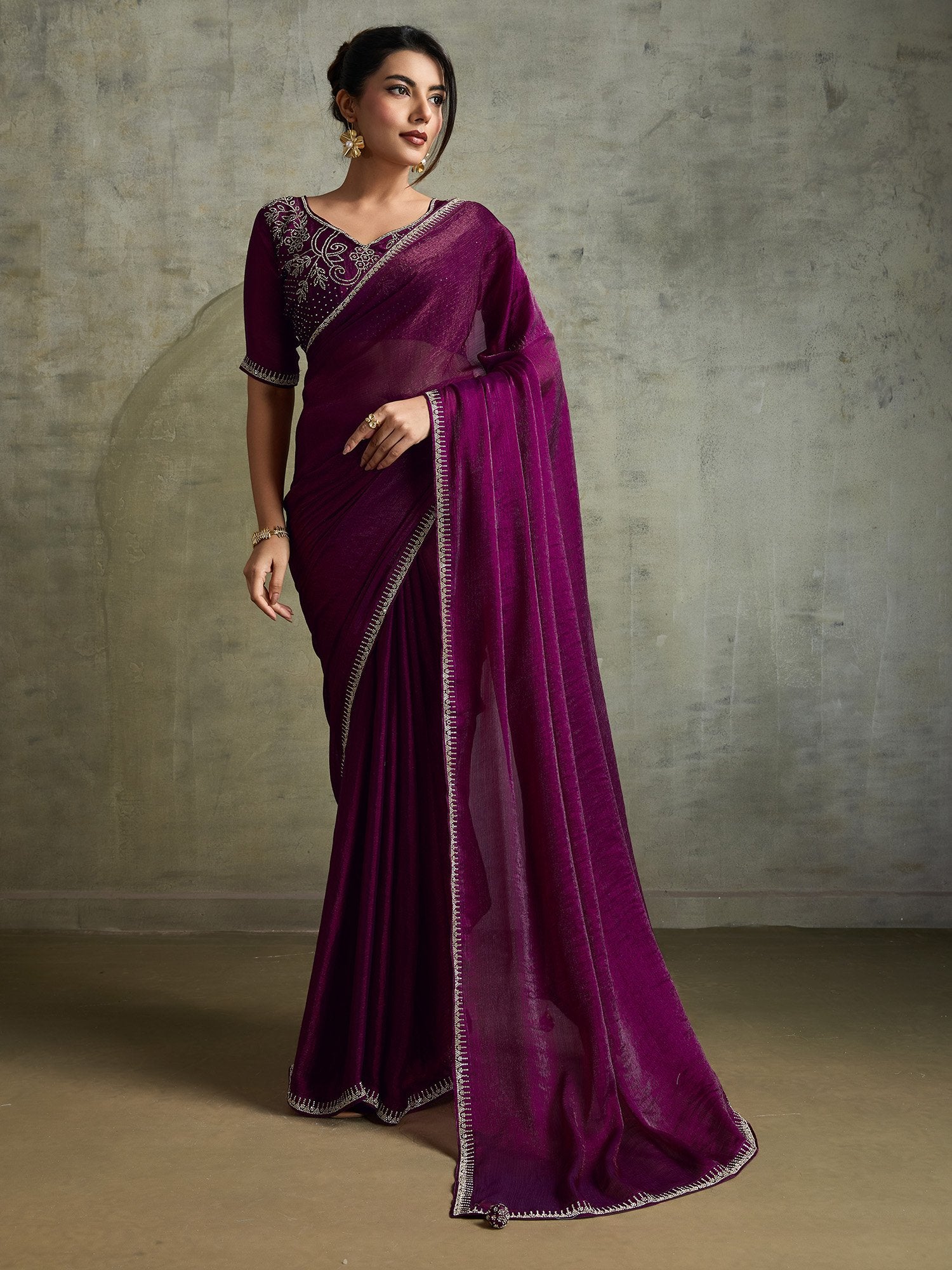 Purple Purple Party Wear Chiffon Embellished Saree