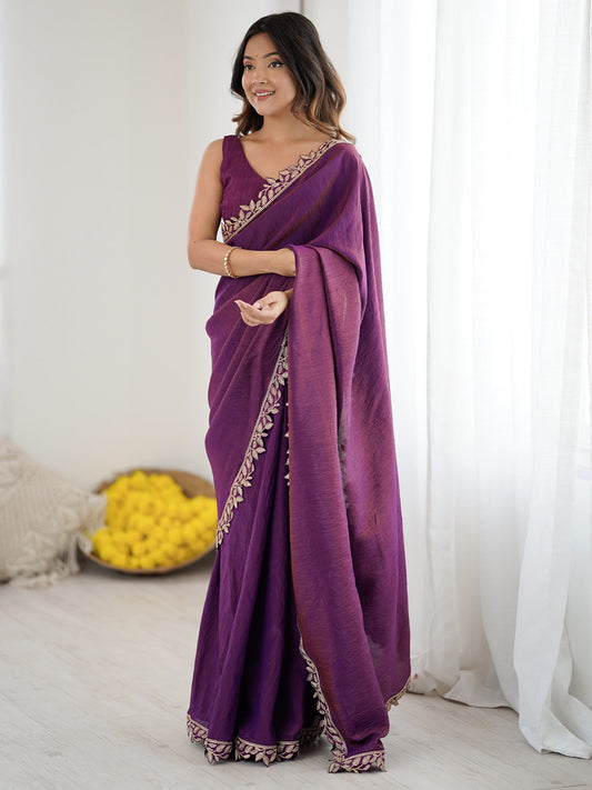 Purple Purple Party Wear Silk Embellished Saree