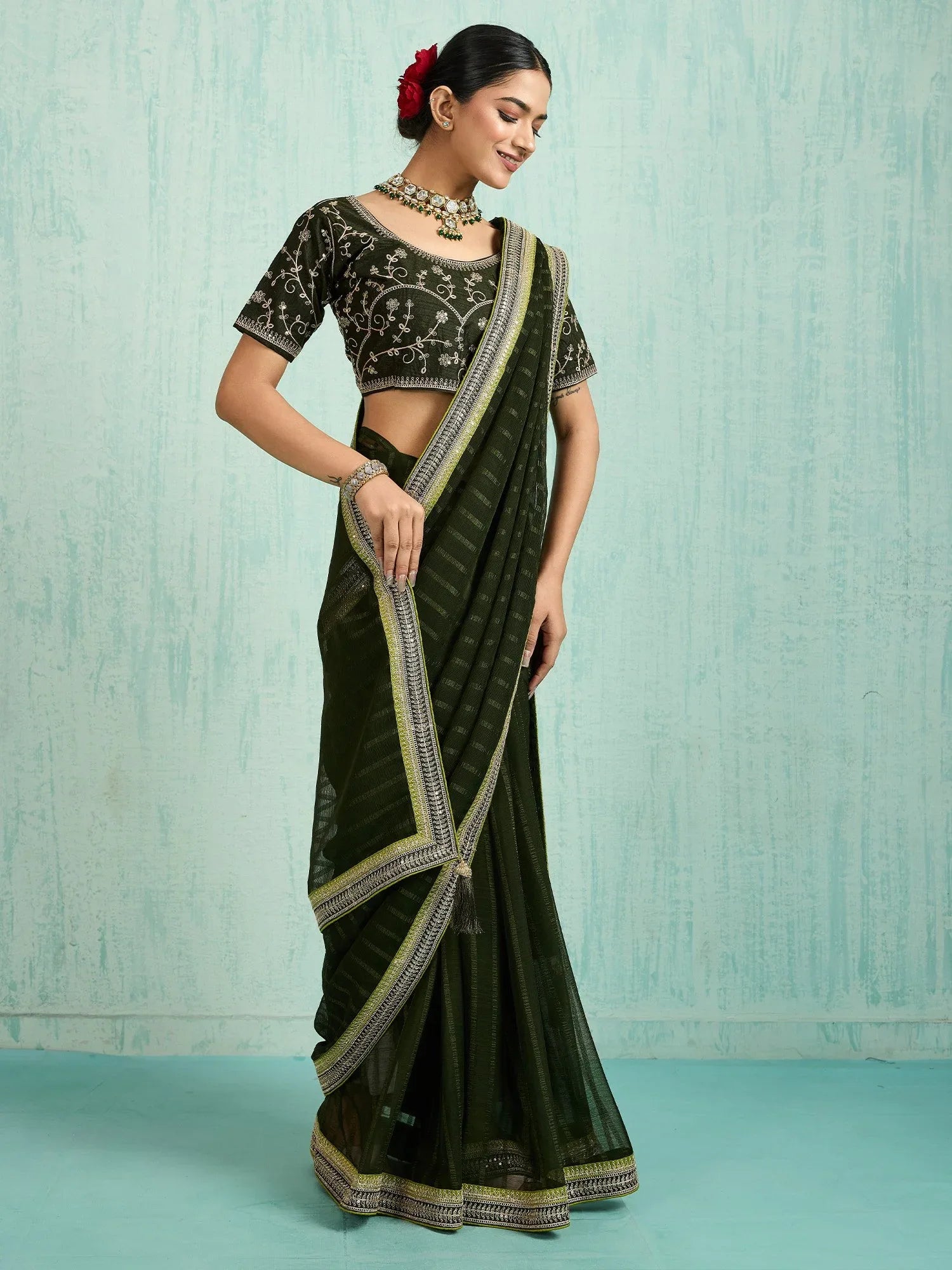 Olive Party Wear Chiffon Embellished Saree