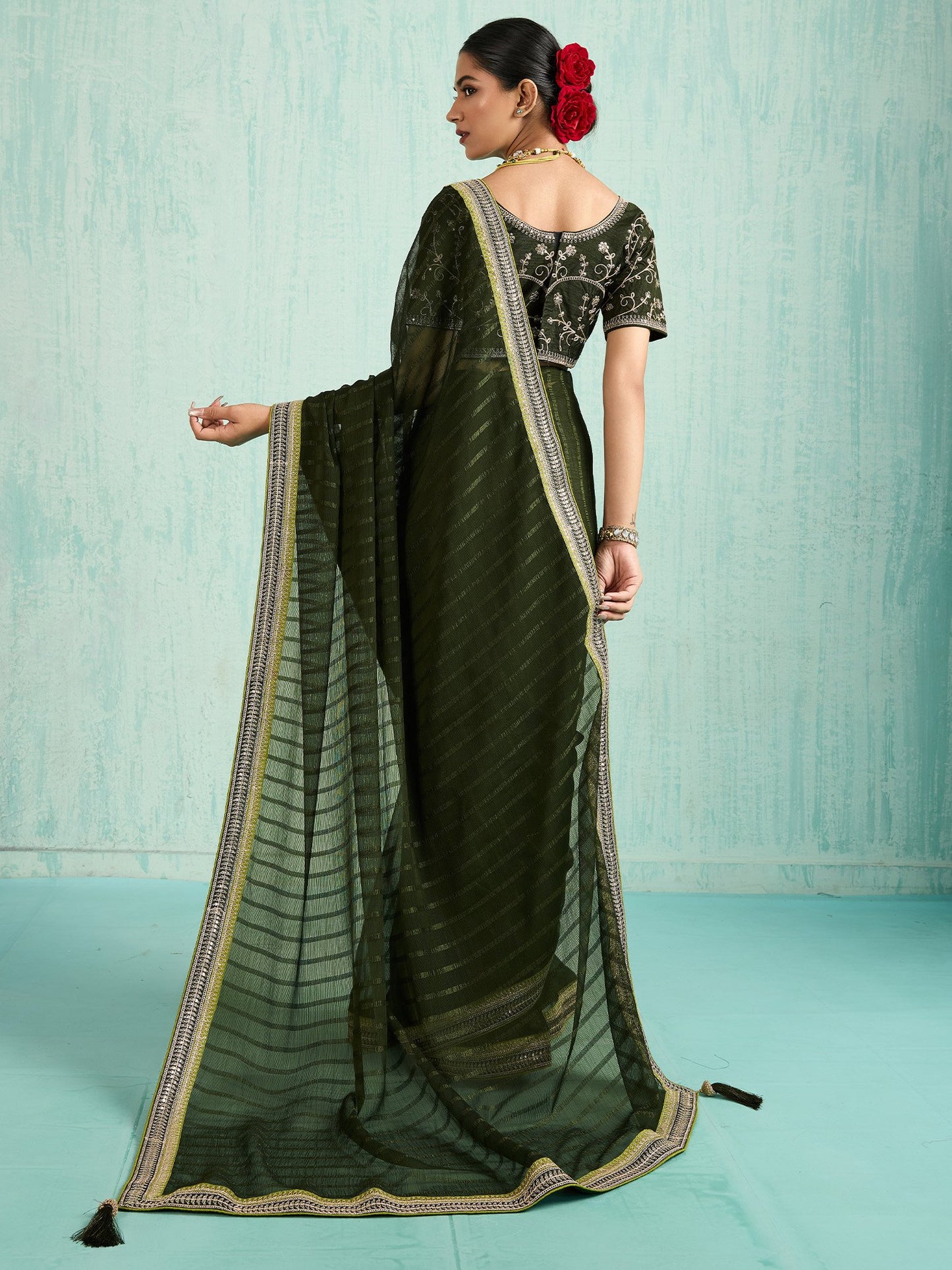 Olive Party Wear Chiffon Embellished Saree