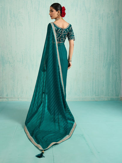 Teal Party Wear Chiffon Embellished Saree