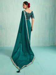 Teal Blue Party Wear Chiffon Embellished Saree