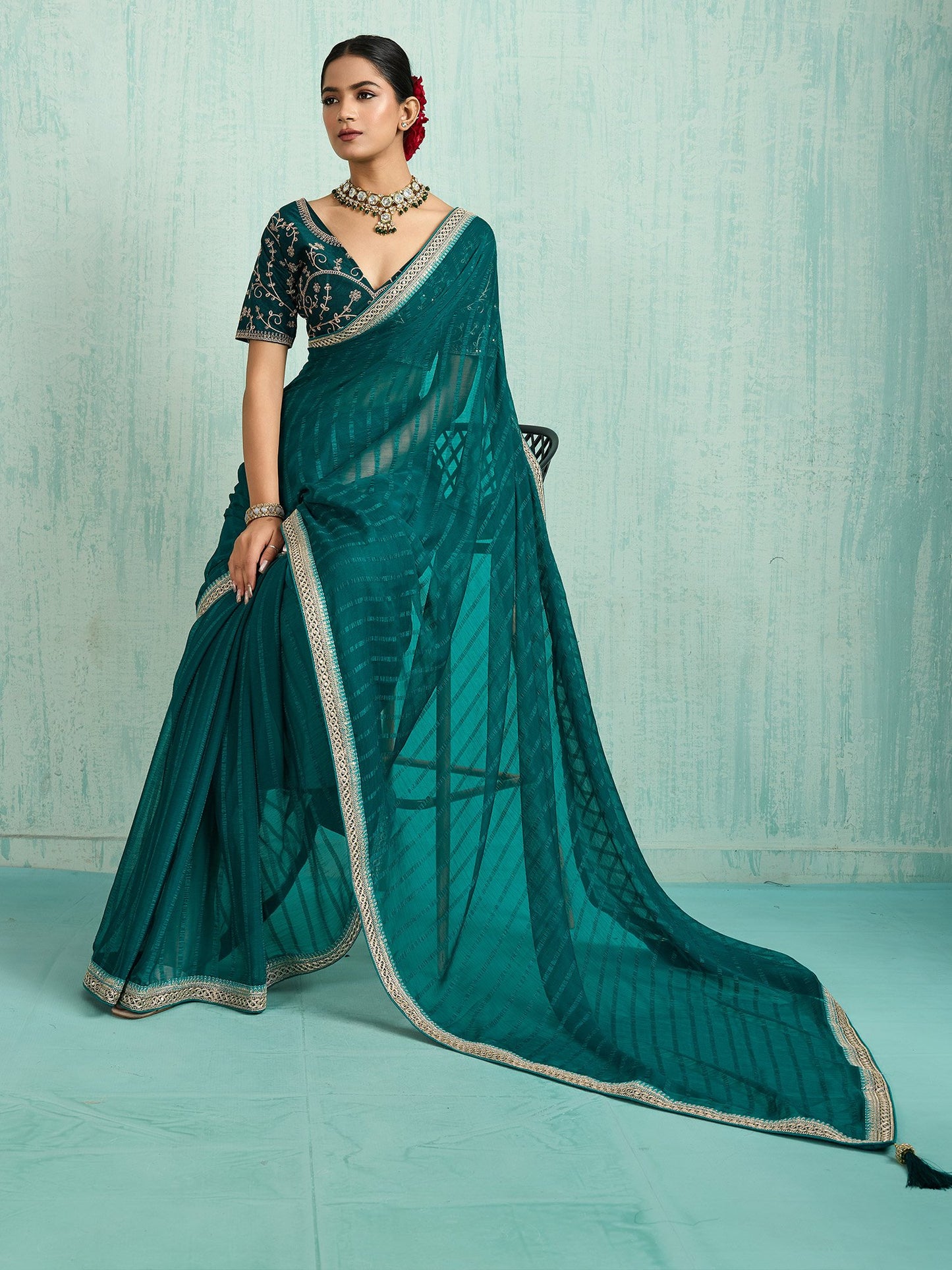 Teal Party Wear Chiffon Embellished Saree