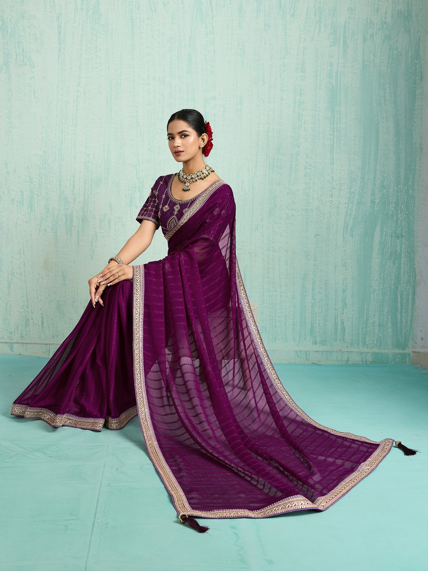 Purple Party Wear Chiffon Embellished Saree