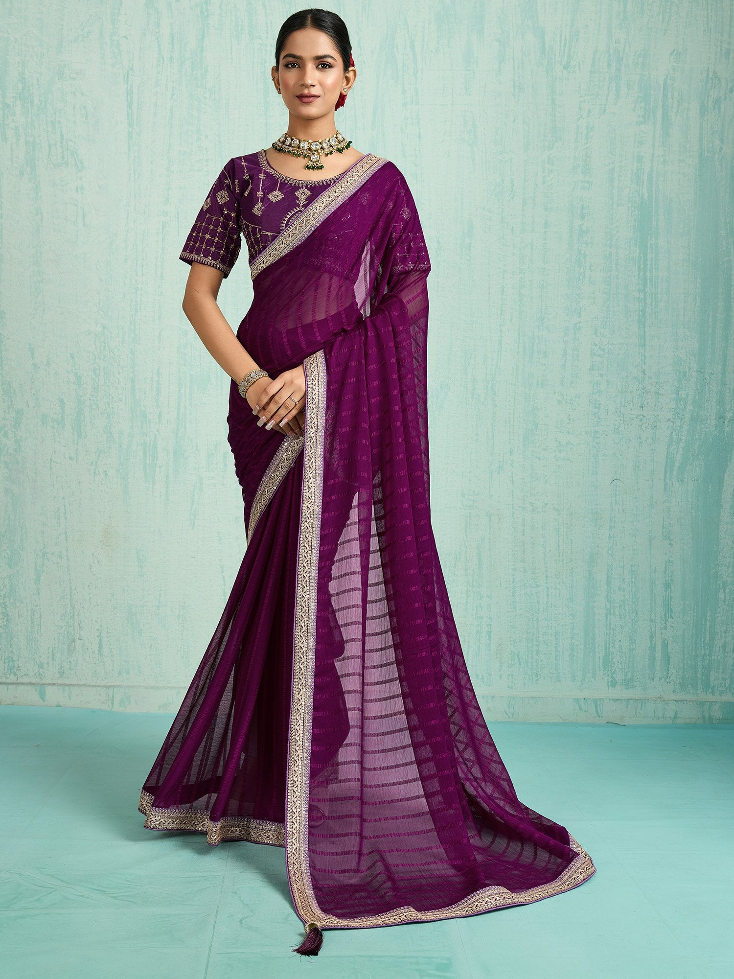 Purple Purple Party Wear Chiffon Embellished Saree