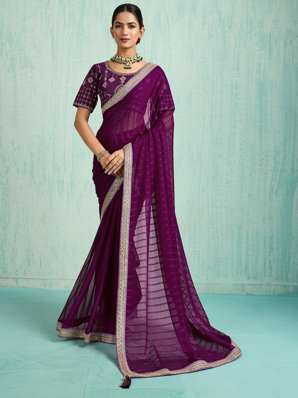 Purple Purple Party Wear Chiffon Embellished Saree