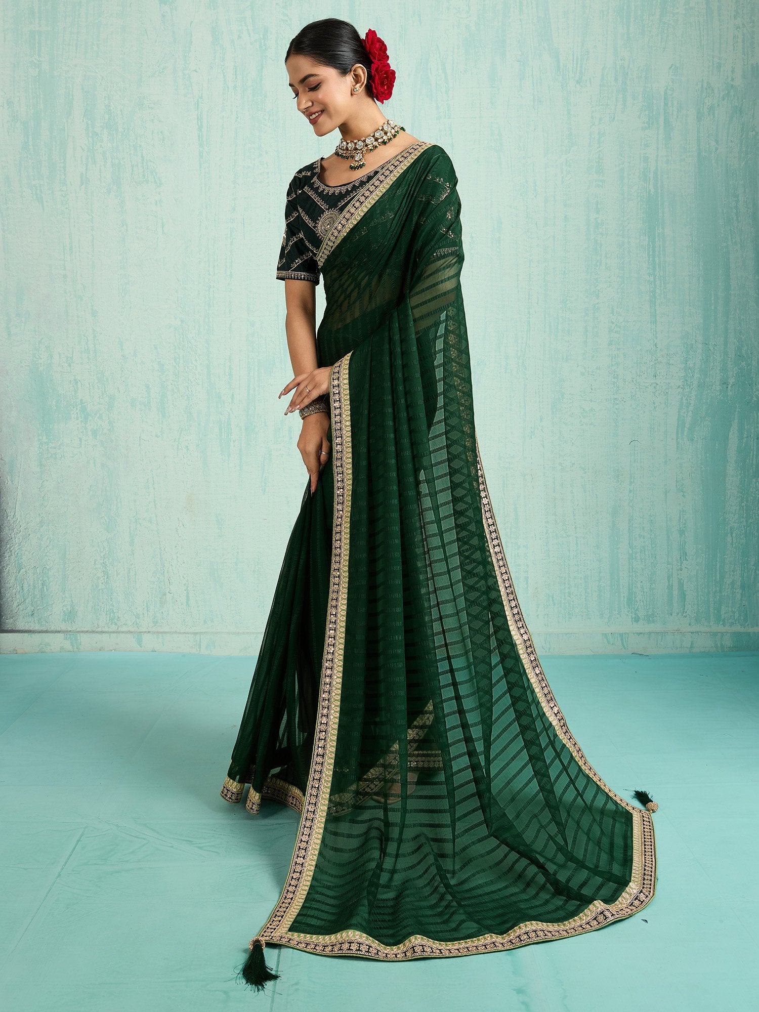 Green Dark Party Wear Chiffon Embellished Saree