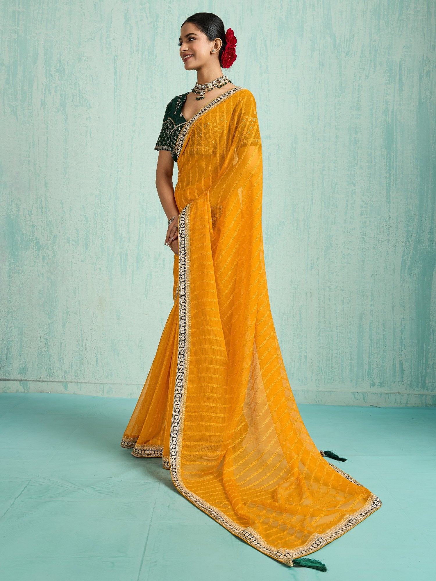 Yellow Party Wear Chiffon Embellished Saree