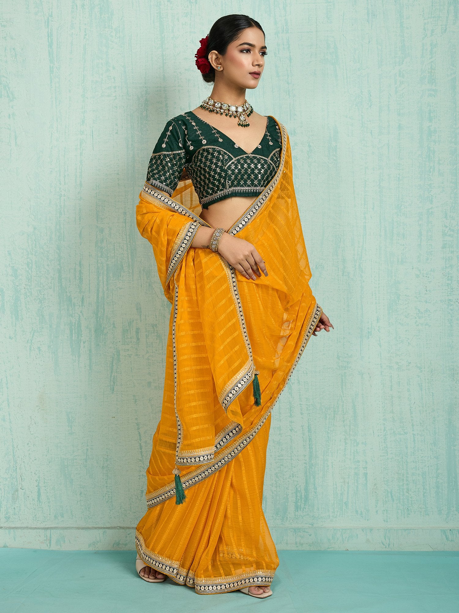 Yellow Party Wear Chiffon Embellished Saree