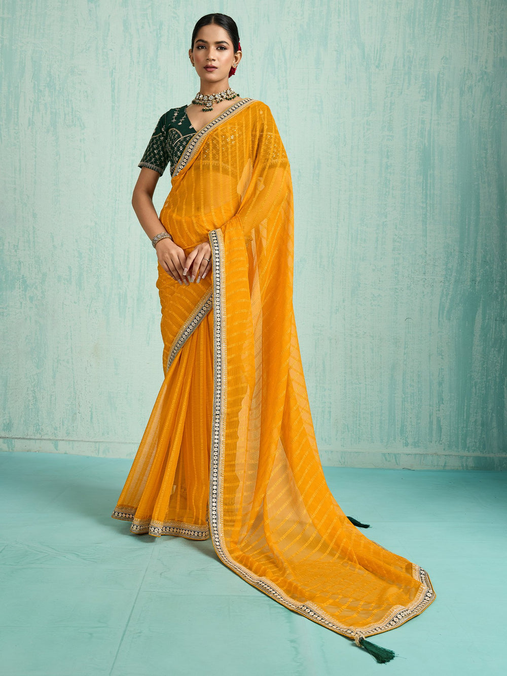 Yellow Yellow Party Wear Chiffon Embellished Saree