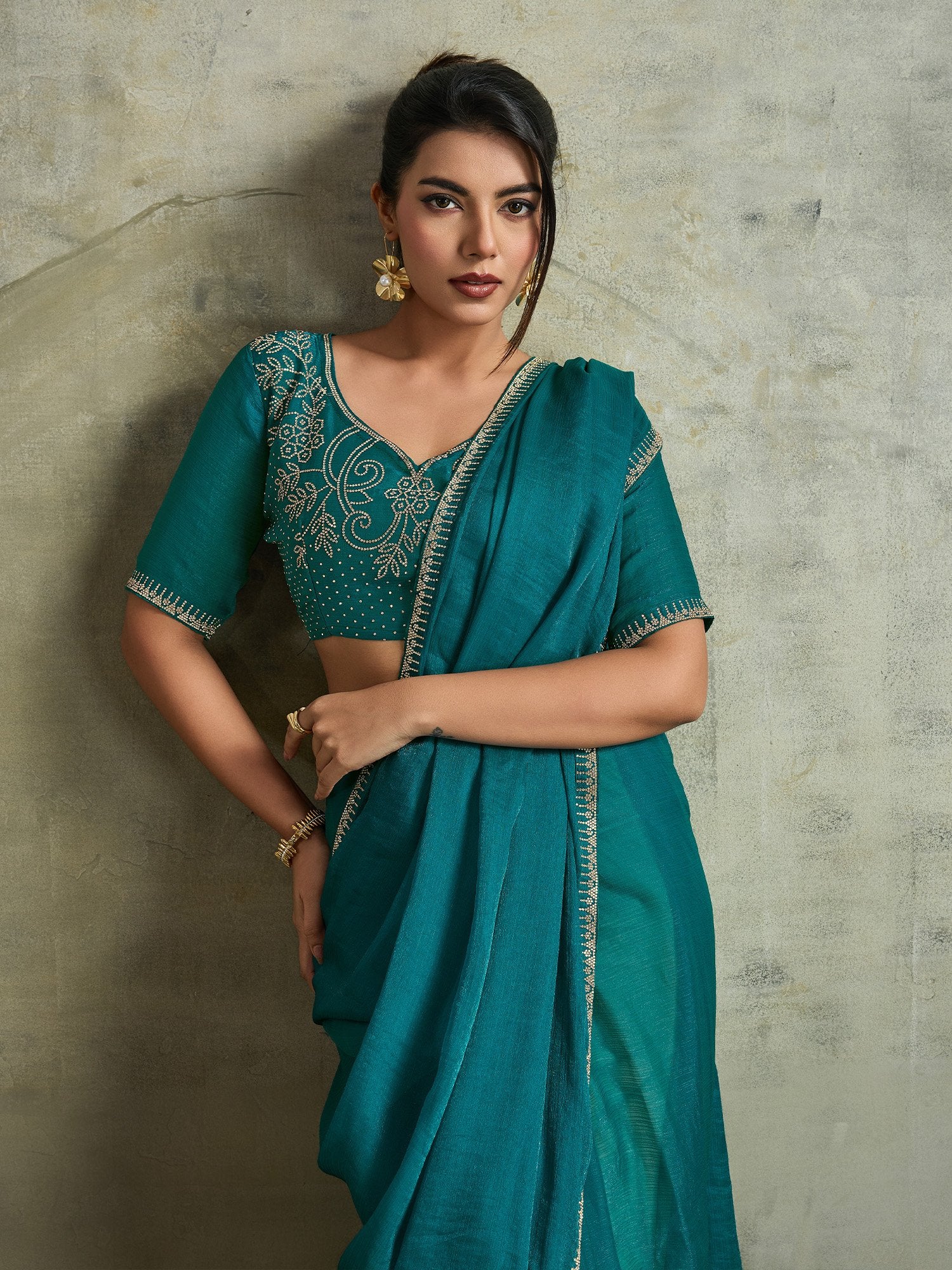 Teal Blue Party Wear Chiffon Embellished Saree