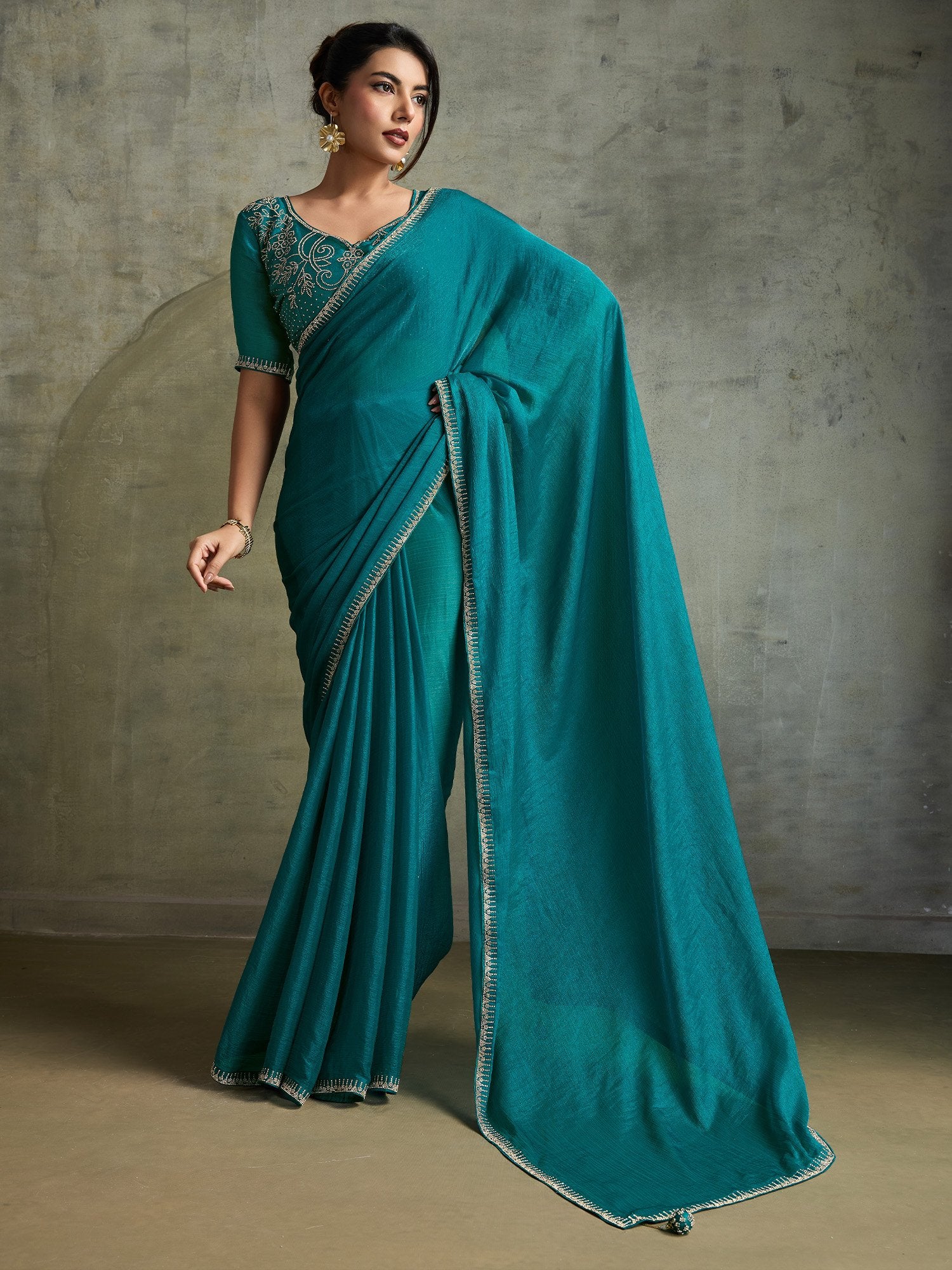Blue Teal Party Wear Chiffon Embellished Saree