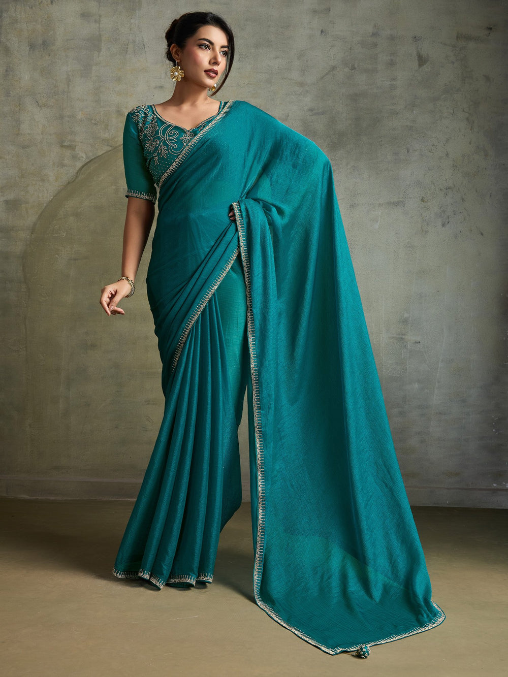 Blue Teal Party Wear Chiffon Embellished Saree