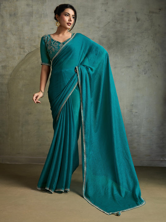 Blue Teal Party Wear Chiffon Embellished Saree