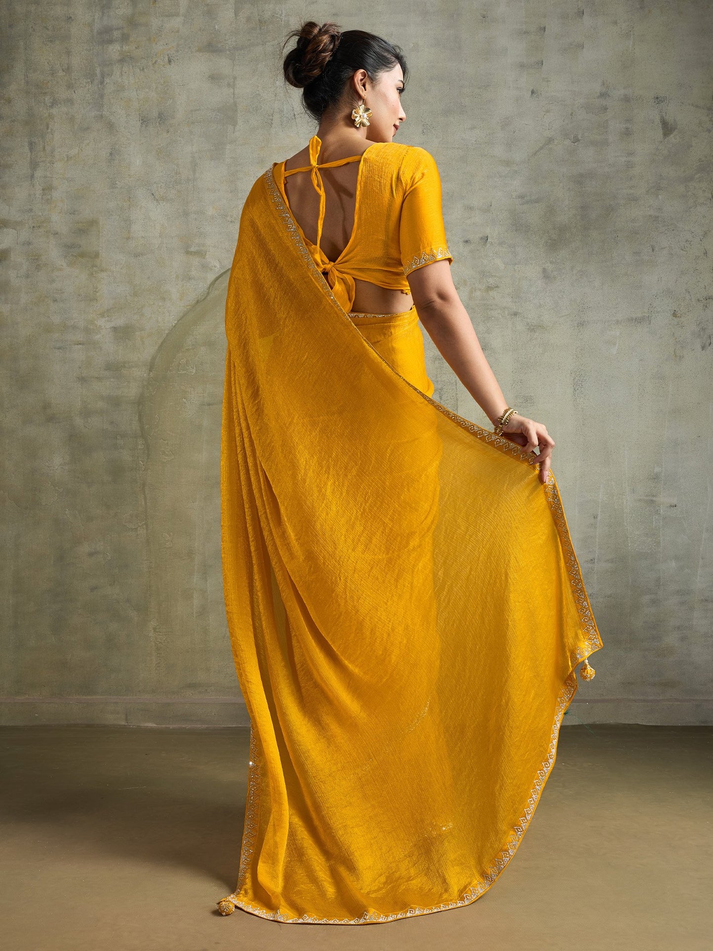 Yellow Party Wear Chiffon Embellished Saree