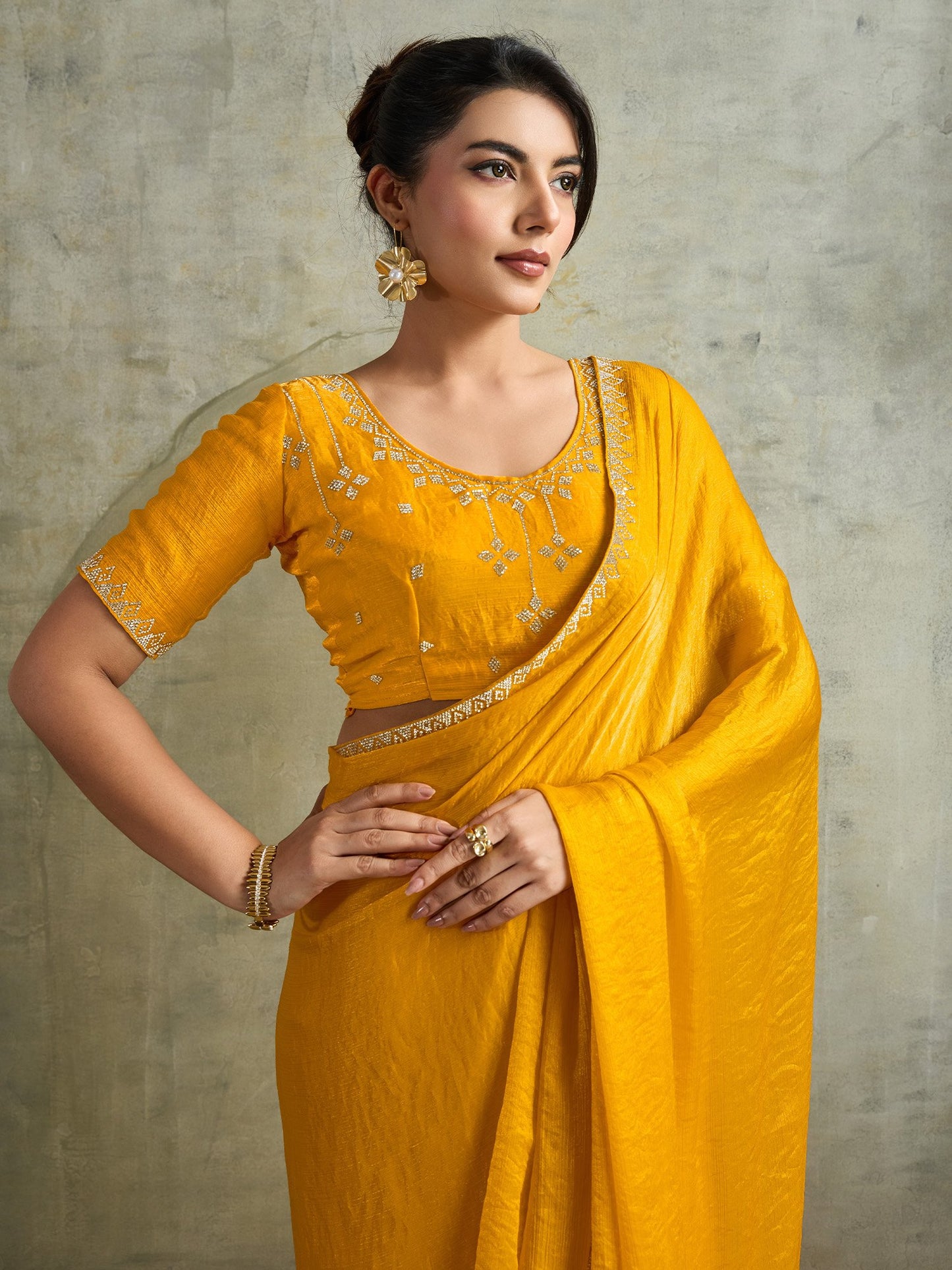 Yellow Party Wear Chiffon Embellished Saree