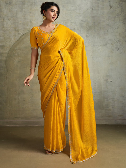 Yellow Yellow Party Wear Chiffon Embellished Saree