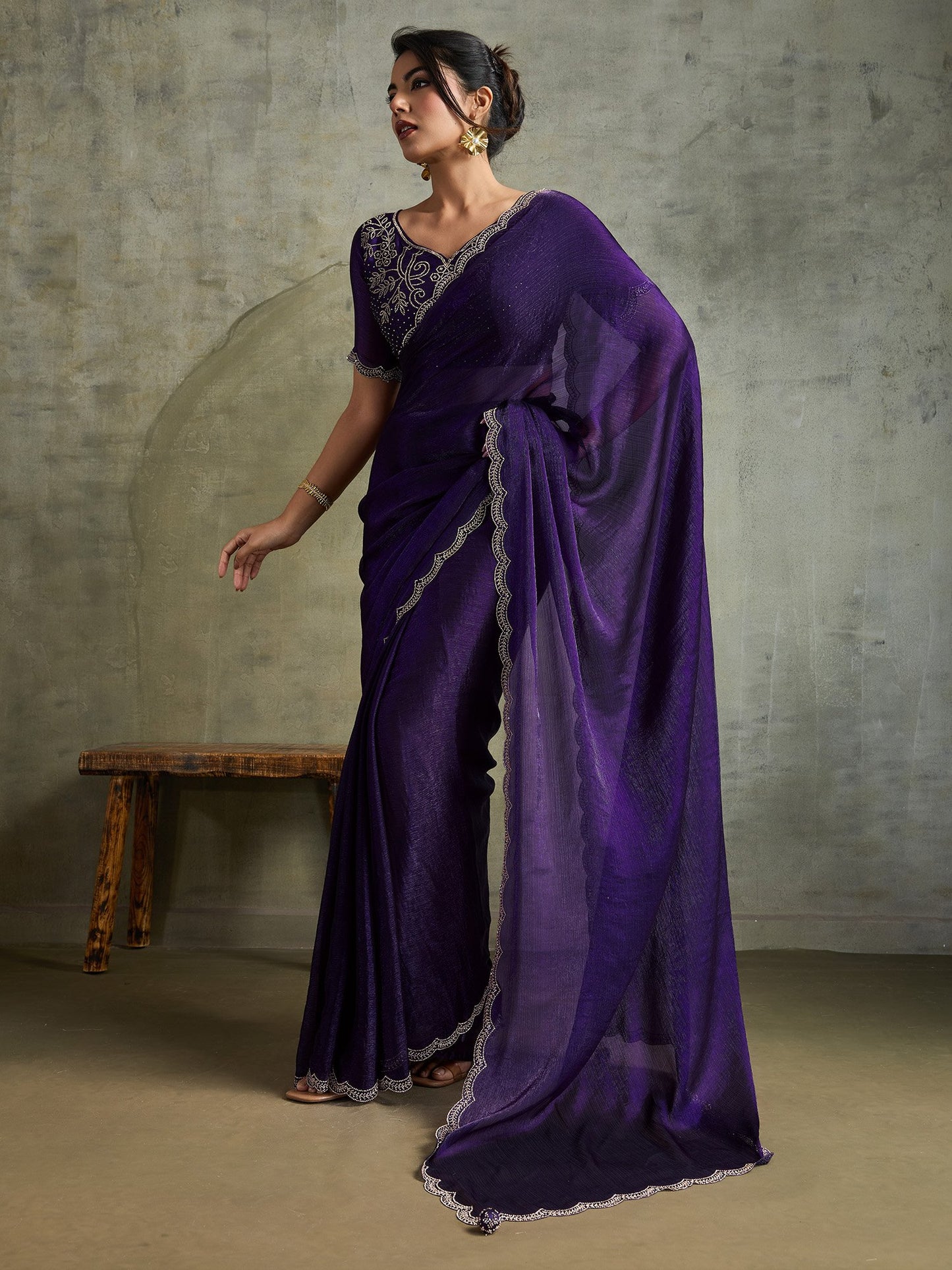 Purple Party Wear Chiffon Embellished Saree