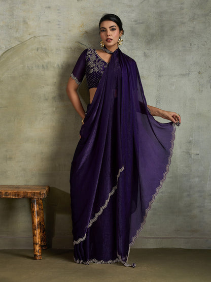 Purple Party Wear Chiffon Embellished Saree