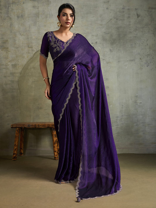 Purple Purple Party Wear Chiffon Embellished Saree
