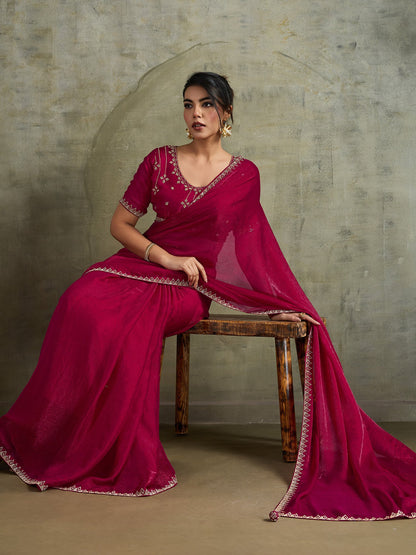 Pink Party Wear Chiffon Embellished Saree