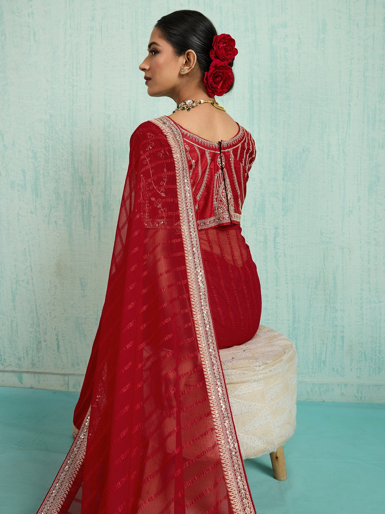 Red Party Wear Chiffon Embellished Saree