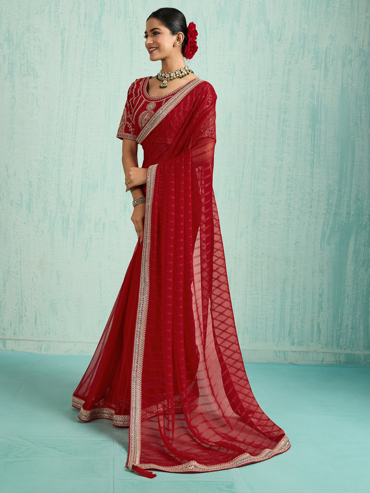 Red Red Party Wear Chiffon Embellished Saree