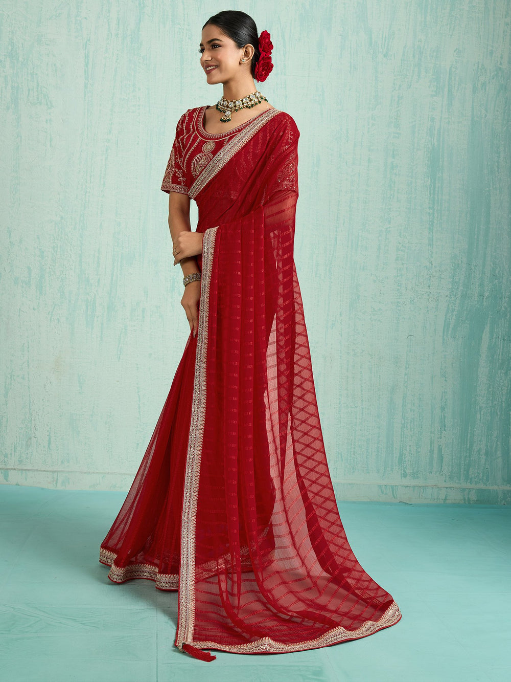 Red Red Party Wear Chiffon Embellished Saree