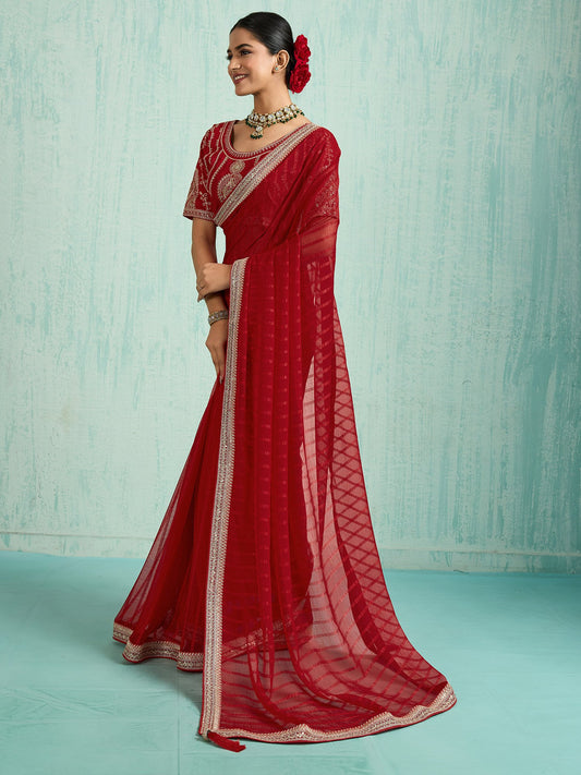 Red Red Party Wear Chiffon Embellished Saree