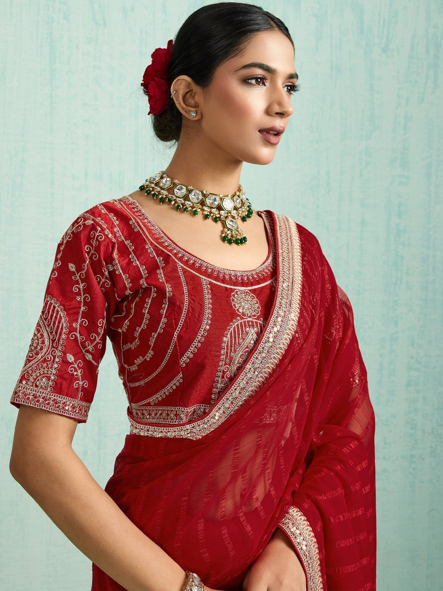 Red Party Wear Chiffon Embellished Saree