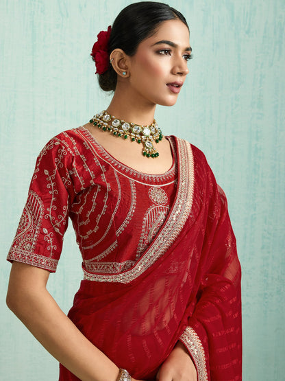 Red Party Wear Chiffon Embellished Saree