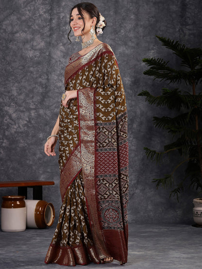 Brown Sungudi Viscose Digital Print Saree