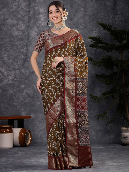 Brown Brown Sungudi Viscose Digital Print Saree