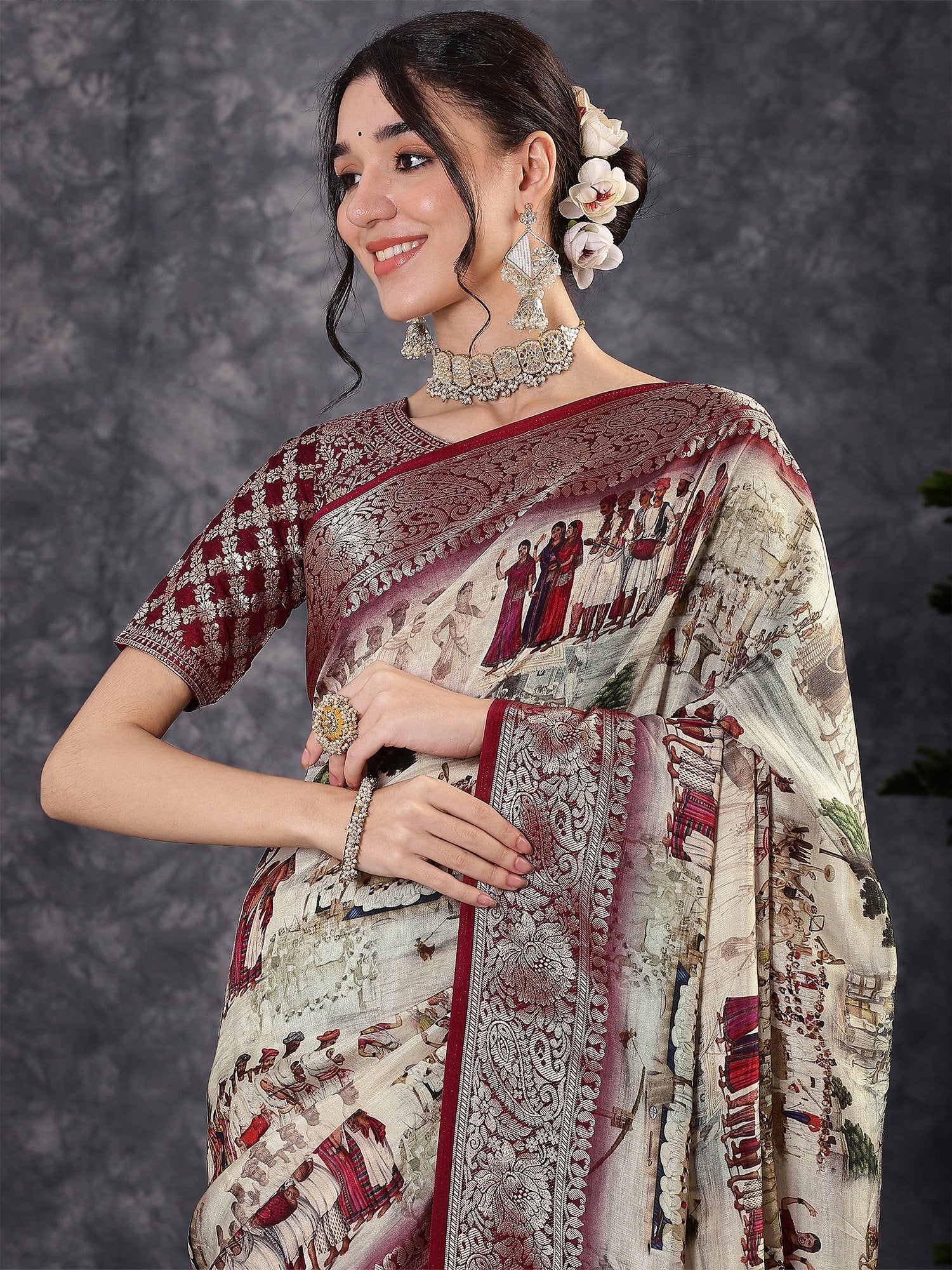 Cream Sungudi Viscose Digital Print Saree