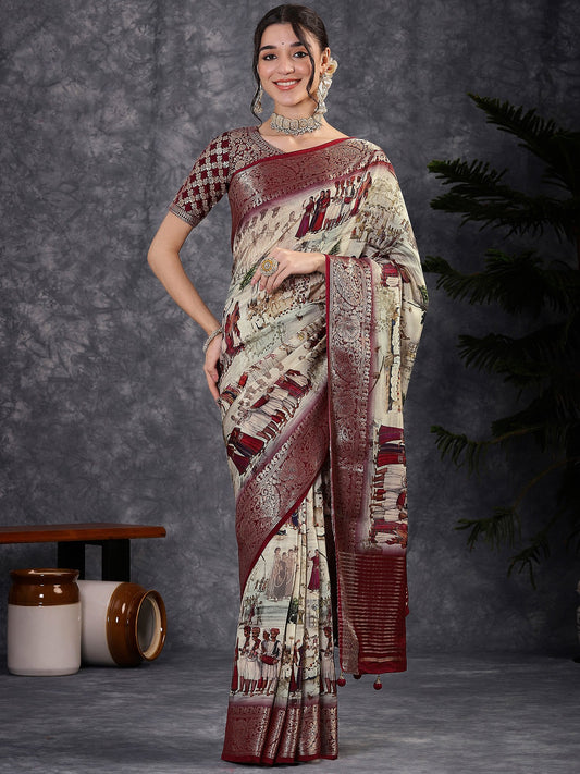 Cream Cream Sungudi Viscose Digital Print Saree